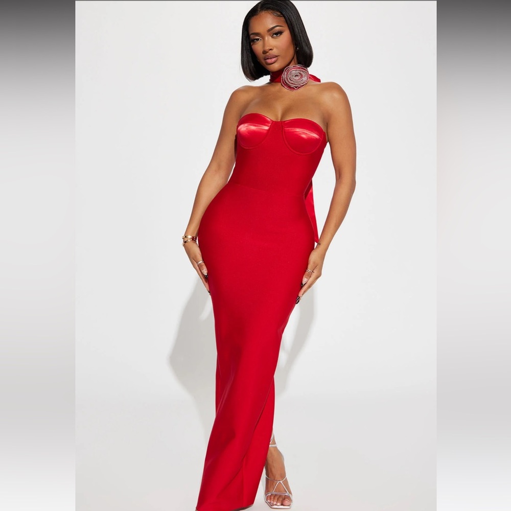Fashionnova red divine satin bandage maxi dress w rhinestone flower necktie XS